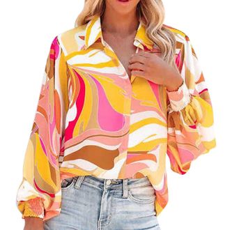 Generic Tops for Women UK Women 2024 Loose V Neck Shirts Print Sleeve Blouse Tops Womens Long Top (Orange, XXL)