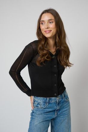 Central Park West Serena Sheer Pointelle Cardigan in Black at Nordstrom, Size X-Large