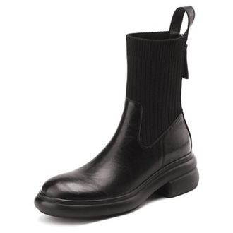 Generic Womens PU Leather Ankle Boots Round Toe Ribbed Knit Panel Thick Platform Block Heels Side Zipper Pull Tab Soft Lining Cushioned Insole Durable Outsole