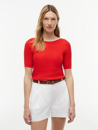 Tommy Hilfiger Womens Cable Knit Boatneck Sweater - Fire Red - XL