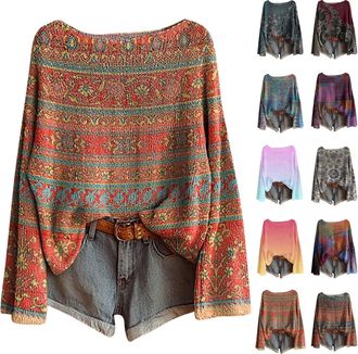 Generic Oversized Sweater for Women UK 2025 Fall Winter Boho Style Vintage Floral Print Pullover Tops Casual Long Sleeve Crewneck Knitted Blouse Comfy Loose F