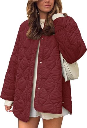 Generic Flygo Womens Oversized Lightweight Quilted Jacket Button Down Puffer Padded Outerwear with Pocket, Wine Red, XL