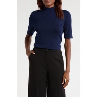 Halogen Short Sleeve Mock Neck Rib Sweater in Classic Navy at Nordstrom Rack, Size Xx-Small