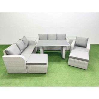 Fimous Rattan Garden Furniture Dining Set 9-seater Patio Rectangular Table Sofa Set with 2 Side Tables 2 Big Stools Light Grey - Fimous
