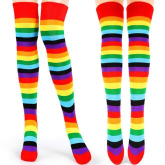 Tatuo 2 Pairs Women Long Striped Socks Over Knee High Opaque Stockings for Mardi Gras St Patricks Day Irish Christmas (Purple Green and Yellow Stripe)