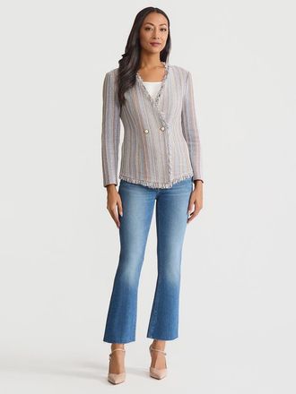 Misook Asymmetrical Fringe Trim Knit Jacket in Biscotti/powder Blue at Nordstrom, Size Xx-Large