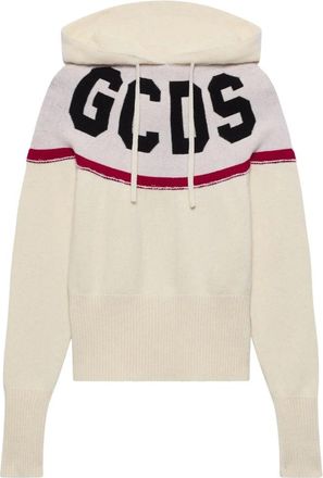 GCDS Logo Knit Cropped Hoodie - Dames - Hoodies - Beige - XS - Wol - Hoodies & sweatvesten
