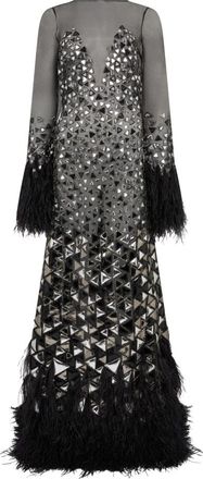 Alberta Ferretti Elegant lange jurk met spiegels en franjes - Dames - Maxi kleedjes - Zwart - S - Polyester - Kleedjes