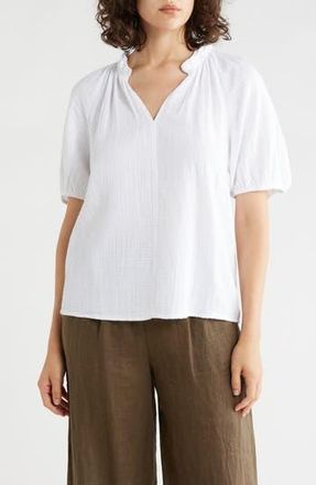 Caslon Split Neck Puff Sleeve Cotton Gauze Top in White at Nordstrom Rack, Size X-Large