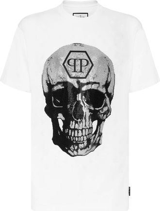 Philipp Plein Tops, unisex, Wit, 5Xl, Katoen, T-shirt Ronde Hals SS Skull and Plein met Kristallen
