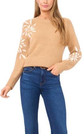 Halogen Embroidered Floral Sweater in Latte Heather at Nordstrom Rack, Size X-Large