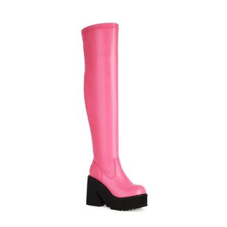 Generic Womens Chunky Sole Thigh-High Boots with Side Zip,Platform & Elastic Fit,Pink,7.5 UK