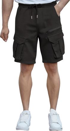 Generic Mens Work Shorts - Elastic Waist with Zipper Pockets & Drawstring Black