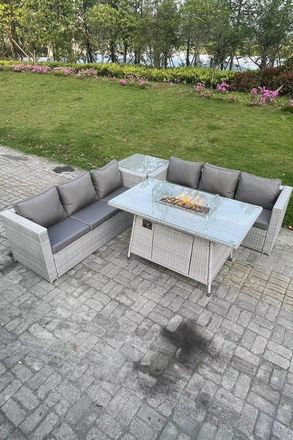 Fimous Corner Rattan Fire Pit Garden Furniture Set Gas Heater Burner Lounge Sofa Dining Table in Light Grey