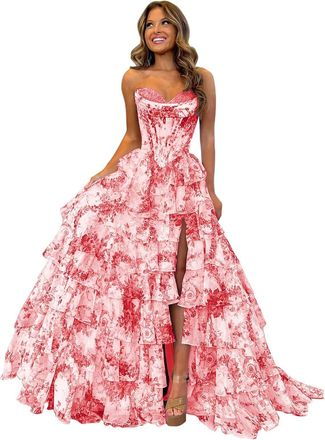 Generic Tulle Floral Print Prom Dress Long Slit Corset Tiered Formal Dress Strapless Sweetheart Evening Gown with Pockets Coral M