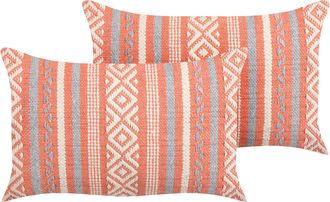 Beliani Conjunto De 2 Cojines De Algod&oacute;n Naranja Blanco Gris 30 X 50 Cm Borlas Inula