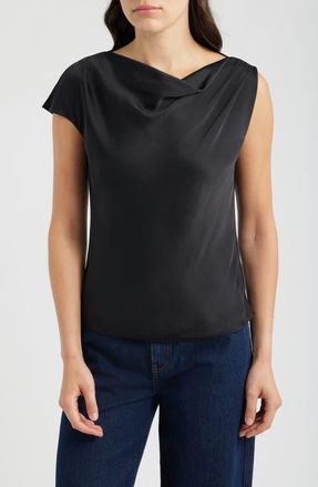 Theory Cowl Neck Single Short Sleeve Satin Top in Black - 001 at Nordstrom, Size X-Large
