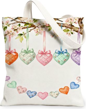 Generic Floral Hearts Canvas Tote Bags, Love Pattern Reusable Grocery Bags, Spring Vintage Chic Lightweight Washable Canvas for Tra, White, 13x15 Inch