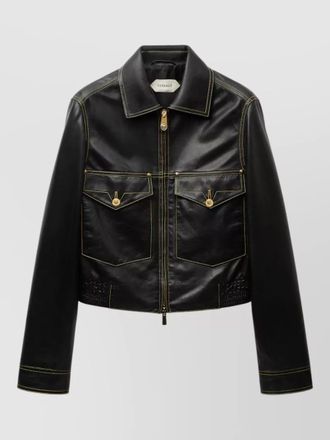 Versace leather collared coat front pockets stitching