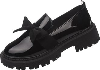 Generic Womens Loafers Slip On Comfortable Walking Shoes Round Toe Patent Leather Bow Stylish Casual Classic Heeled Loafers Work Party Leisure Black