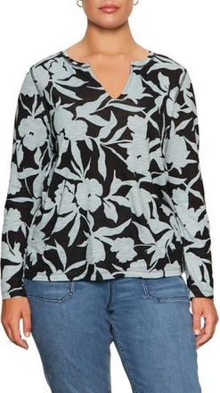 Sanctuary Perfect Notch Print Long Sleeve T-Shirt in Black/Sky Gray Floral at Nordstrom Rack, Size 2 X
