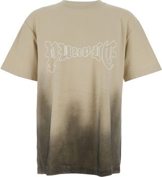 Purple Beige Crewneck T-shirt With Logo Print On The Front And Faded Effect In Cotton Man