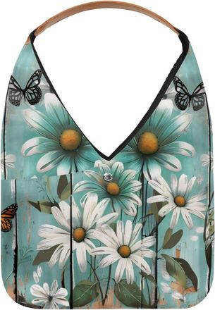 Generic Farm Teal Daisy Butterfly Reusable Lightweight Grocery Bags - Foldable Into Compact Pouch, Washable & Sturdy, Multipurpose for Shopping and Travel