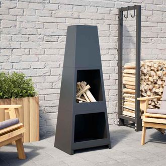vidaXL Chimenea De Exterior Con Le&ntilde;ero Y Dise&ntilde;o De Torre Acero Negro Vidaxl