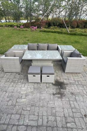 Fimous Rattan Garden Funiture Set Adjustable Rising Lifting Table Sofa Dining Set 2 Side Table Stools in Light Grey