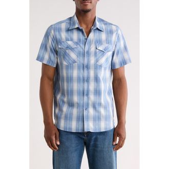 Frye Plaid Short Sleeve Dobby Button-Up Shirt in Blue at Nordstrom Rack, Size X-Large