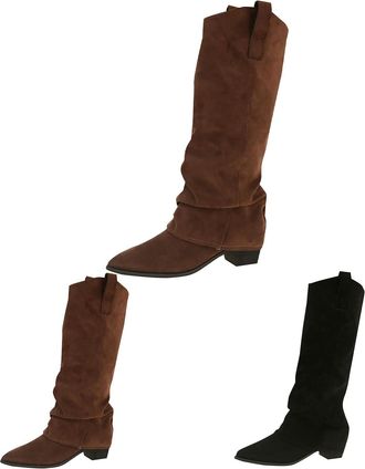 Generic Womens Fold Over Mid Calf Boots Slouchy Pointed Toe Chunky Low Heel Shoes Comfort Faux Suede Rouched Boots Ladies Winter Non-Slip Rubber Pull On Shoes