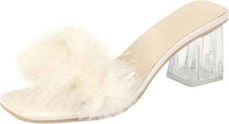 Generic Ladies Summer Large Size Casual Pure Color Hair Sandals with Crystal Chunky Heel and Square Toe Beach Footwear for Outdoor Wear (White, 5.5)