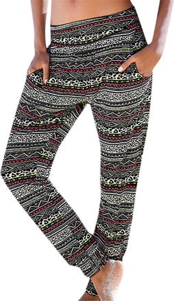 Generic Womens Straight Leg Loose Boho Pants Casual Elastic Waist Trousers Patterned High Waist Trousers Summer Holiday Comfy Pants Full Length Loose Fit Pock