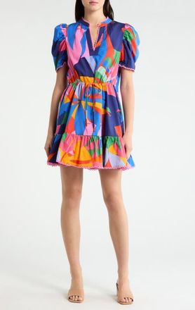 Sugarlips Chroma Lace Trim Puff Sleeve Drawstring Waist Cotton Dress in Red-Blue-Multi at Nordstrom, Size X-Large