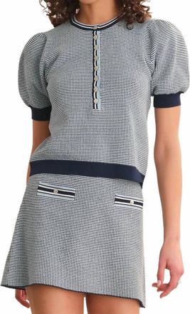 525 america Grayson Tweed Like Puff Sleeve Henley Sweater In Dark Blue Combo