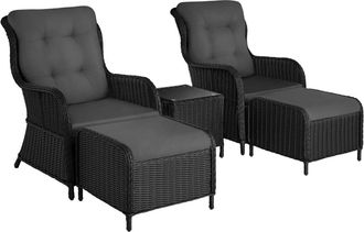 TecTake Conjunto de ratán, 2 sillones, 2 taburetes, cojines, 1 mesa negro/gris