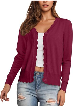 Generic Womens Cardigans Long Sleeve V Neck Button Down Knit Sweaters Lightweight Open Front Outerwear Ladies Casual Solid ColorScalloped Shrugs Jumper Cardig