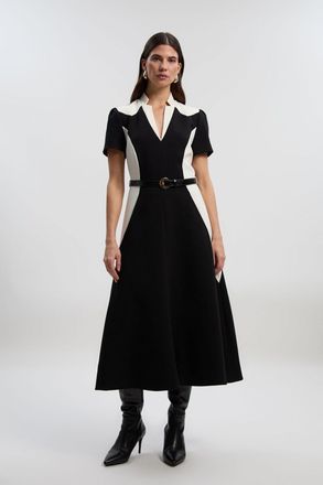 Karen Millen Womens Compact Stretch Colour Block Tailored Belted Full Skirt Midi Dress - Monochrome Multi - Size 14 UK