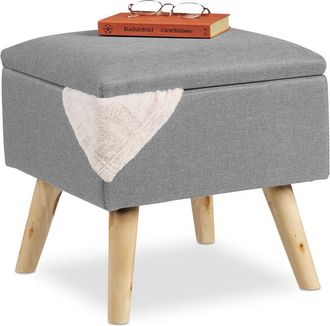 Relaxdays Relaxdays Storage Ottoman, Faux Linen Cover, Padded, Wooden Legs, Lidded Seat, HWD 40x40x40 cm, Light Grey