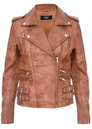 Infinity Leather Womens Brando Biker Jacket-Loddon - Tan Nappa Leather - Size 20 UK