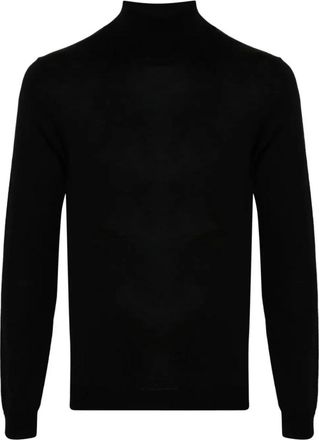 Roberto Collina Zwarte Merinowollen Gebreide Trui - Heren - Coltruien - Zwart - 2XL - Wol - Truien & Vesten