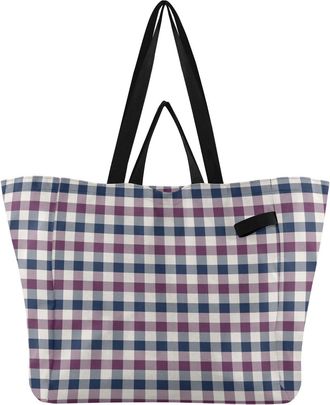 Generic Purple Beige Plaid print Reusable Canvas Tote Bag, Heavy Duty Grocery Shopping Bag with Hard Bottom Double Handles Large Capacity Work Groceries Trave
