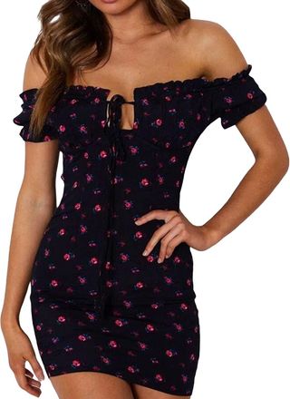 Generic Womens Summer Off Shoulder Bodycon Mini Dress Short Sleeve Tie Front Floral Dress Sexy Wrap Pencil Dress Party Clubwear (Black, M)