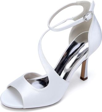 Generic Wedding Bridal Shoes Women Peep Toe Ankle Straps Stiletto Sandals Buckle Satin Evening Party Prom High Heel 9.5Cm,White,10 UK