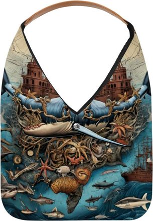 Generic Vintage Map Marine Shark Reusable Lightweight Grocery Bags - Foldable Into Compact Pouch, Washable & Sturdy, Multipurpose for Shopping and Travel