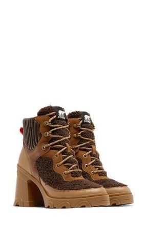 Sorel Brex Leather & Faux Shearling Block Heel Lace-Up Bootie in Tawny Buff Blackened Brown at Nordstrom Rack, Size 10