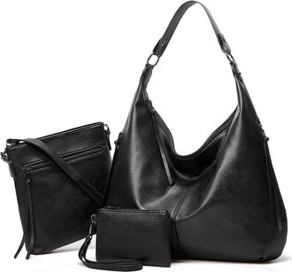Generic Ashioup Hobo Bags for Women Soft PU Leather Slouchy Bag Shoulder Purse with Zipper, Black Three-piece Suit, One Size