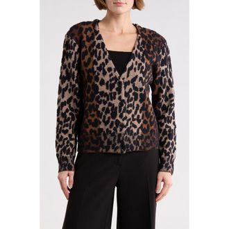 DKNY V-Neck Leopard Cardigan in Burnt Sugar Combo at Nordstrom Rack, Size X-Small