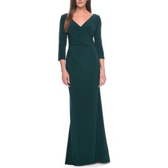 La Femme Long Evening Dress with Wrap Style Neckline in Hunter Green at Nordstrom, Size 20