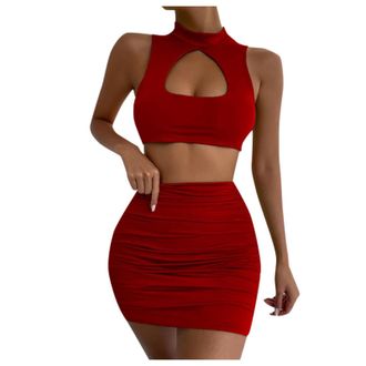 Generic Womens Hollow Out Sexy Crop Top and Skirt Set Fashion Tight Bodycon Dress Sexy Angel, red, S